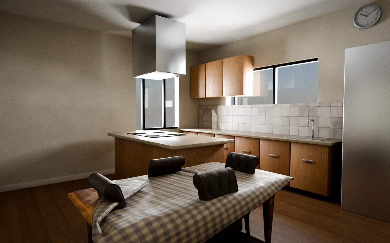 3D render, design concept: modular kitchen, Warm Contemporary theme