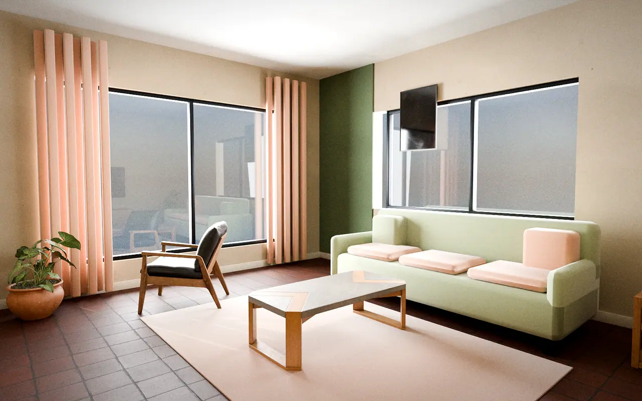3D render, design concept: living room, Earthy Modern theme
