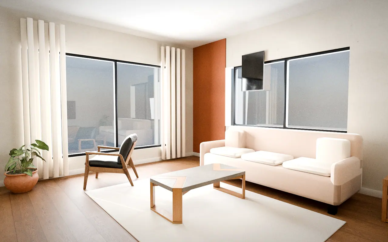 3D render, design concept: living room, Warm Contemporary theme
