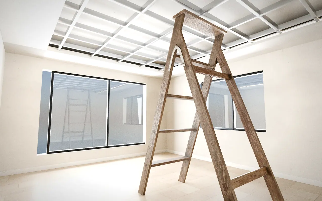 3D render, illustrative progress: false-ceiling edges finished with a cove light and metal framing over the rest