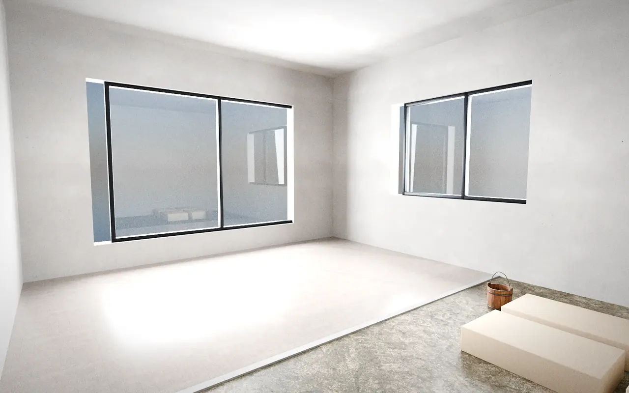 3D render, illustrative progress: a room with tiles laid on one half of the floor and boxes of tiles waiting