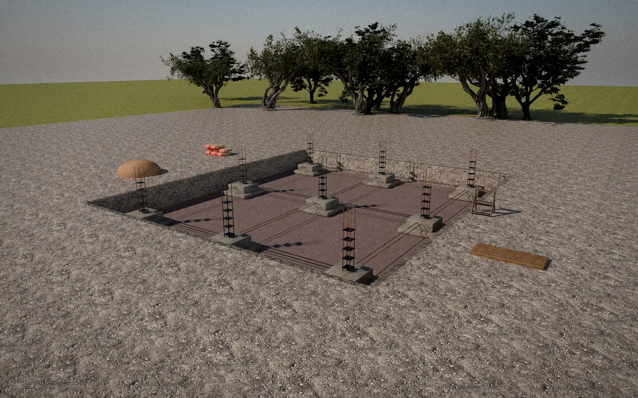 3D render, illustrative progress: an open foundation excavation with footings and reinforcement bars