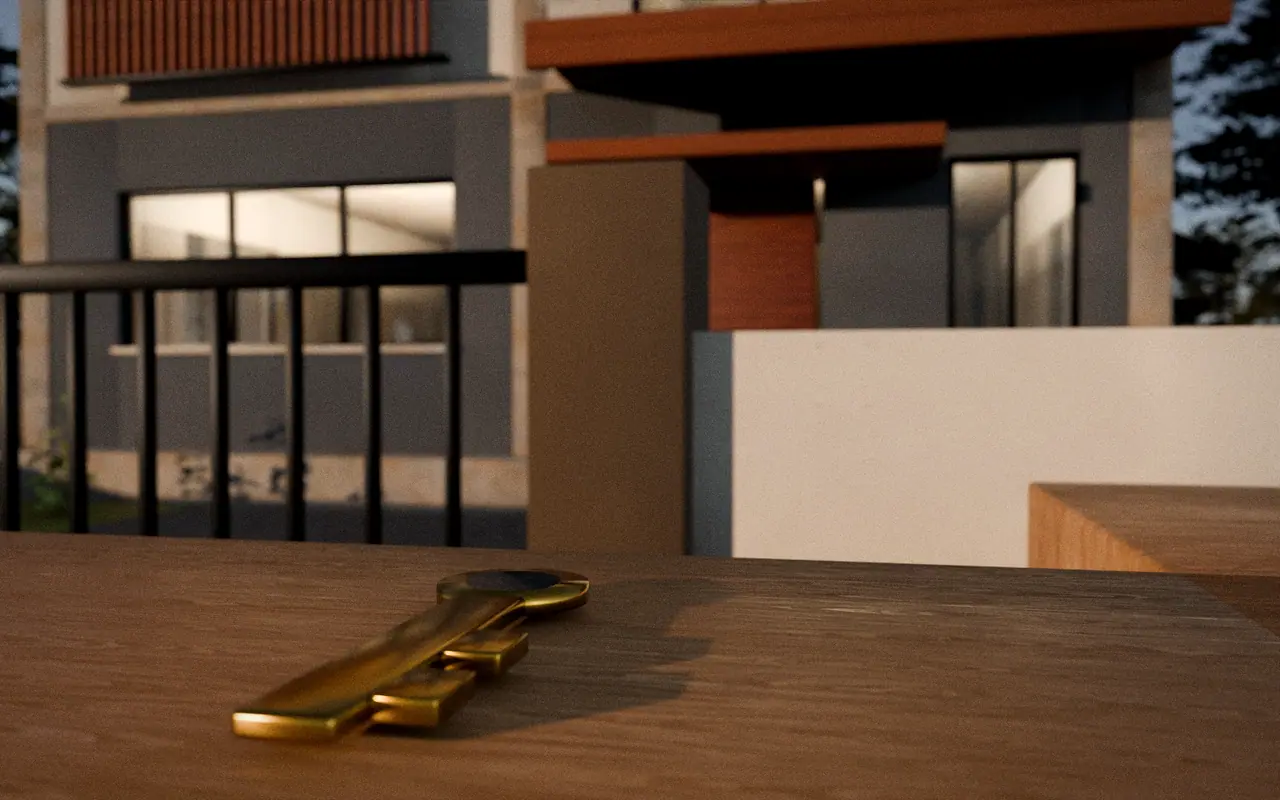 3D render, illustrative: a brass key on a timber ledge with a finished home softly out of focus behind