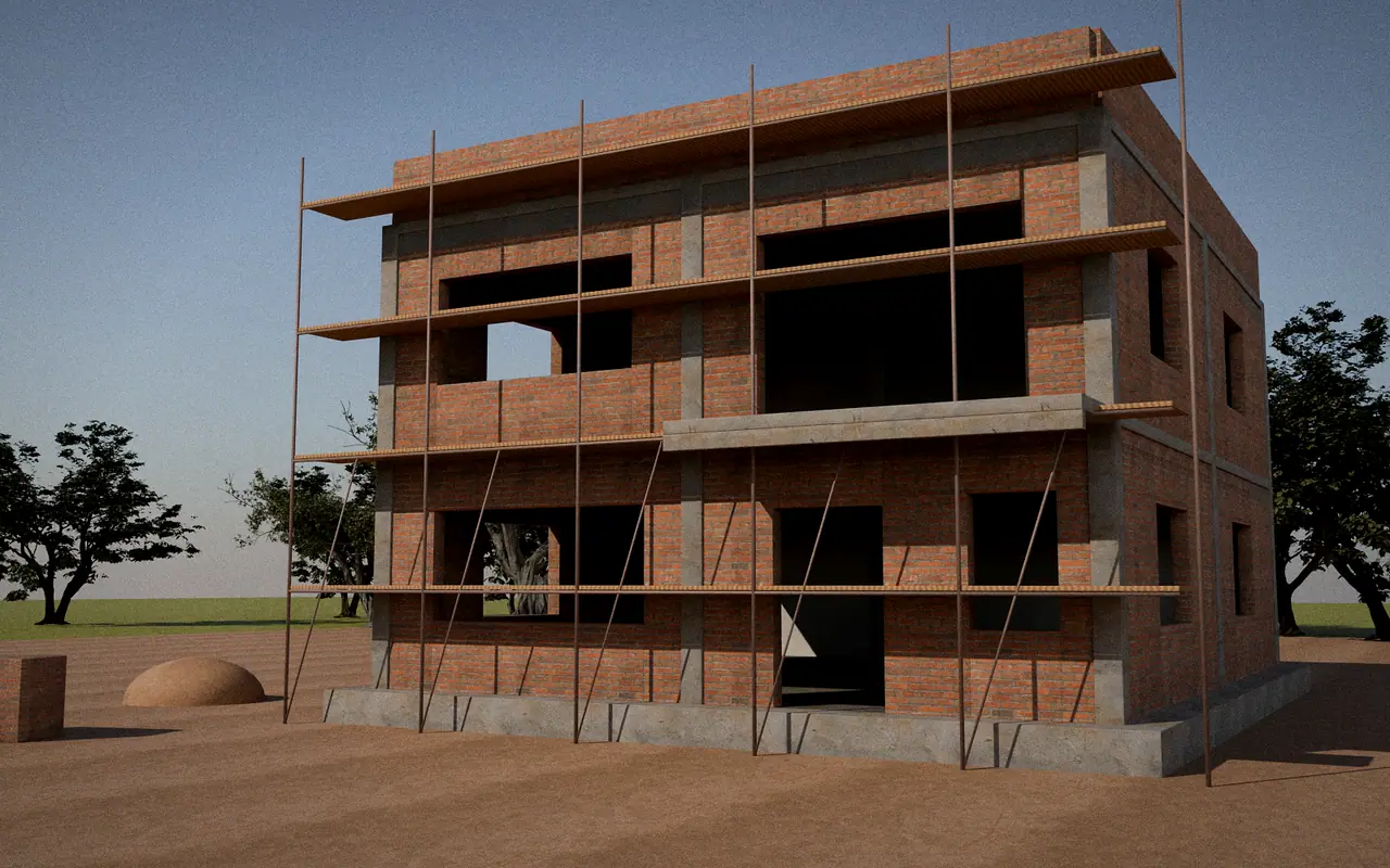 3D render, illustrative progress: brick walls built within the frame, scaffolding in place