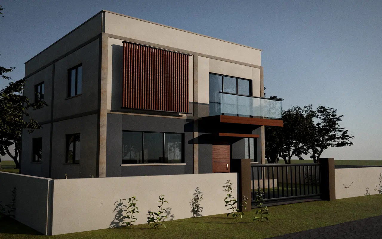 3D render, illustrative: an almost finished house at sunset during final checks