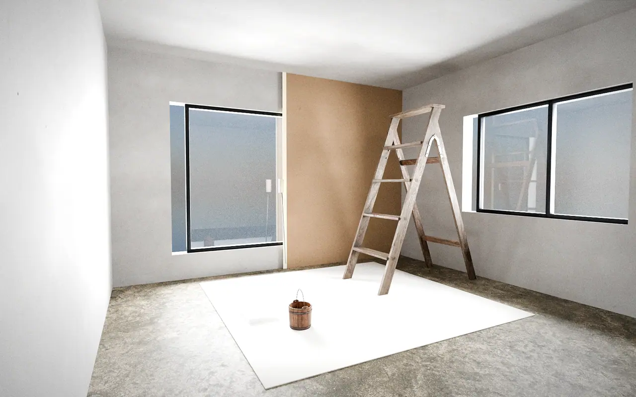 3D render, illustrative progress: a room half painted with masking tape, a ladder and a drop cloth