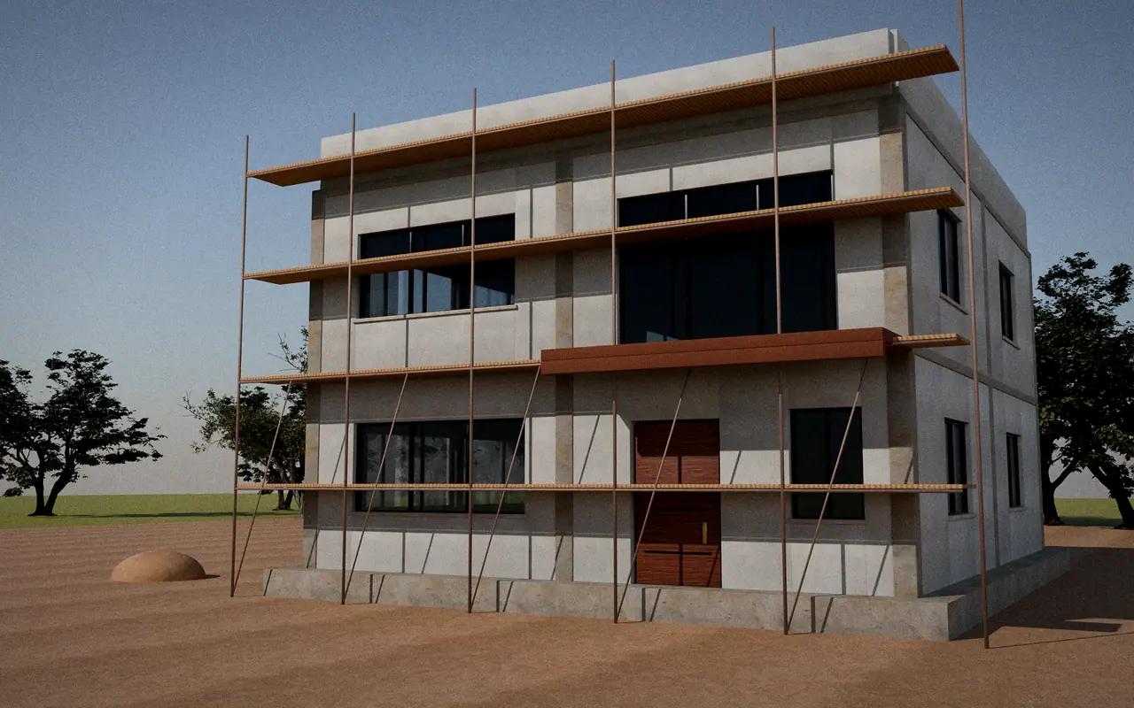 3D render, illustrative progress: plastered walls with window frames fitted and scaffolding on the facade