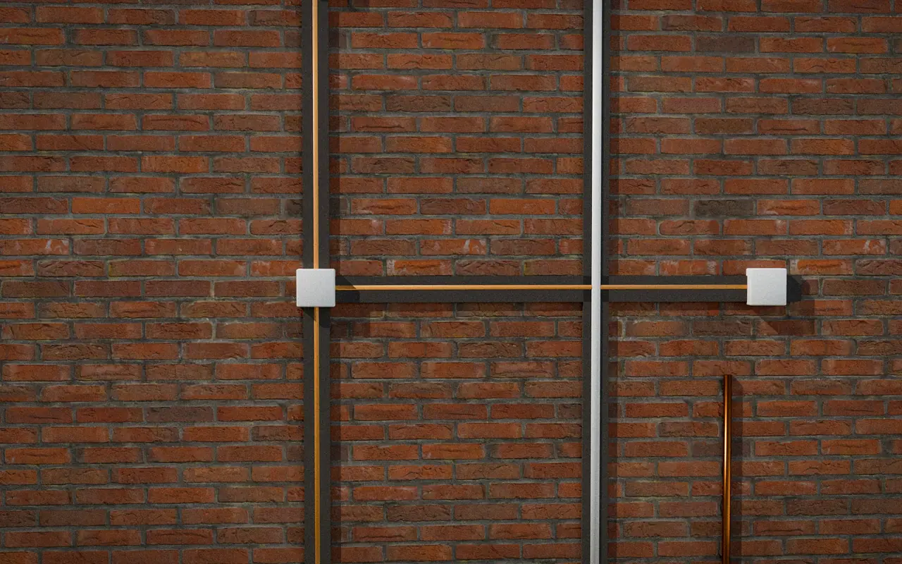 3D render, illustrative progress: a brick wall with conduits, junction boxes and pipes fixed in chased grooves