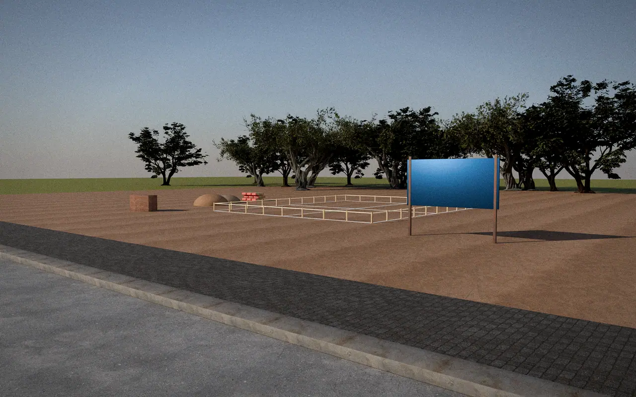 3D render, illustrative progress: plot marked with pegs and strings, a site board and stacked materials