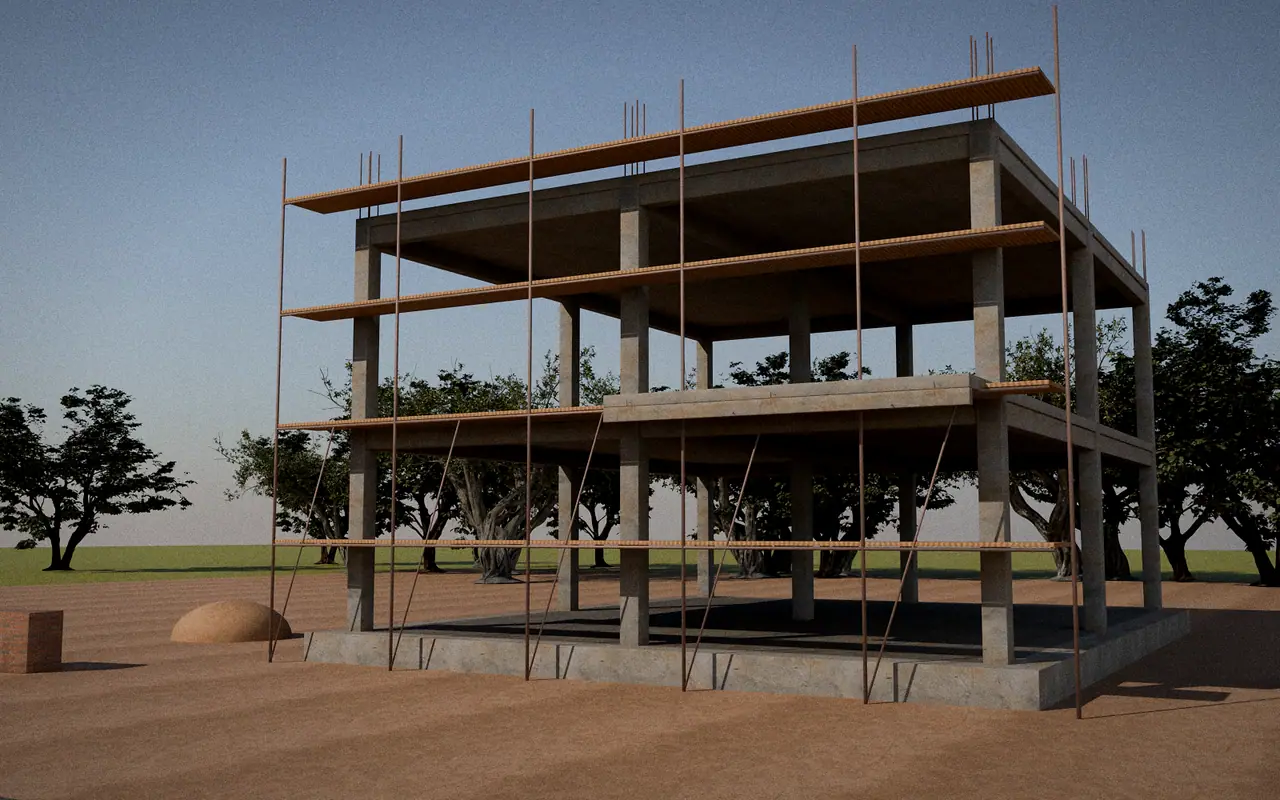 3D render, illustrative progress: a two-storey concrete frame with scaffolding and reinforcement at the top