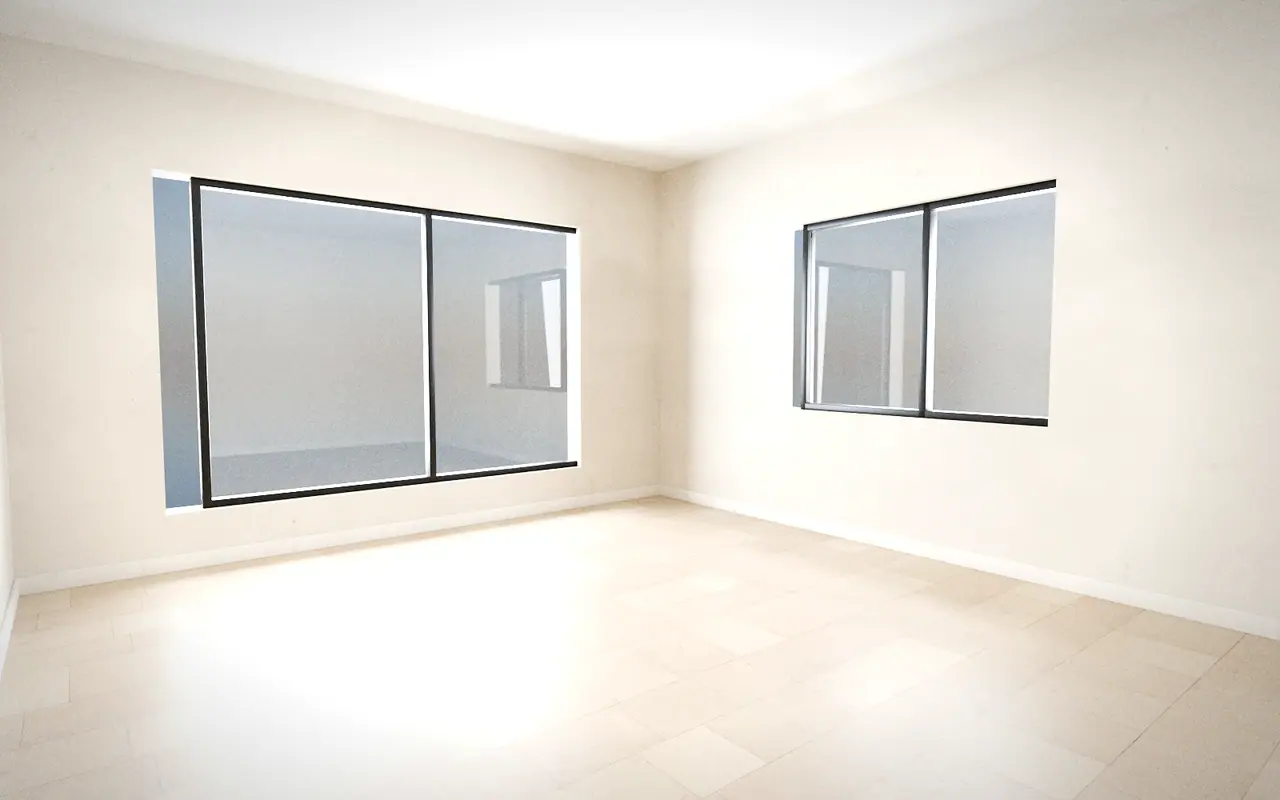 3D render, illustrative progress: a room with tiles laid, skirting fixed and walls finished