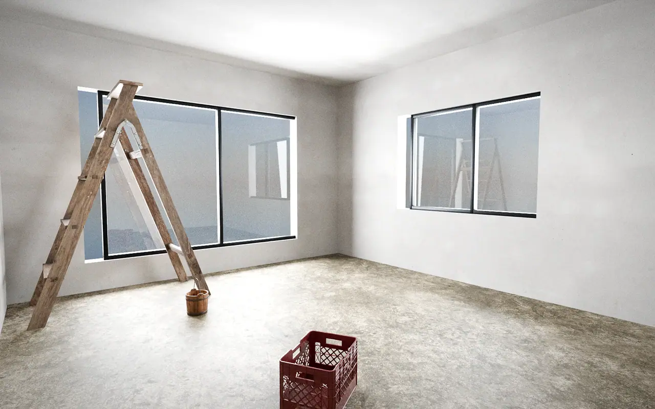 3D render, illustrative progress: a plastered room with a levelled screed floor, ready for tiles