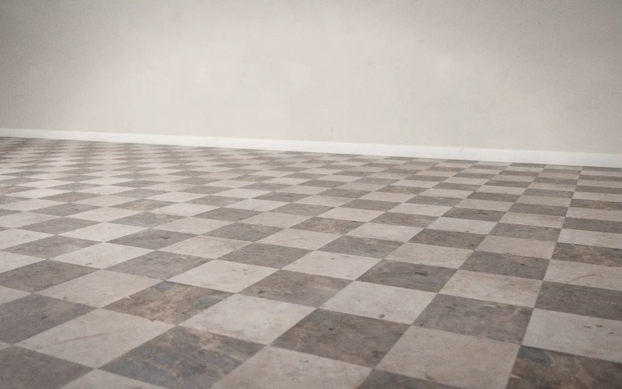 3D render of a checkered tile floor in raking light