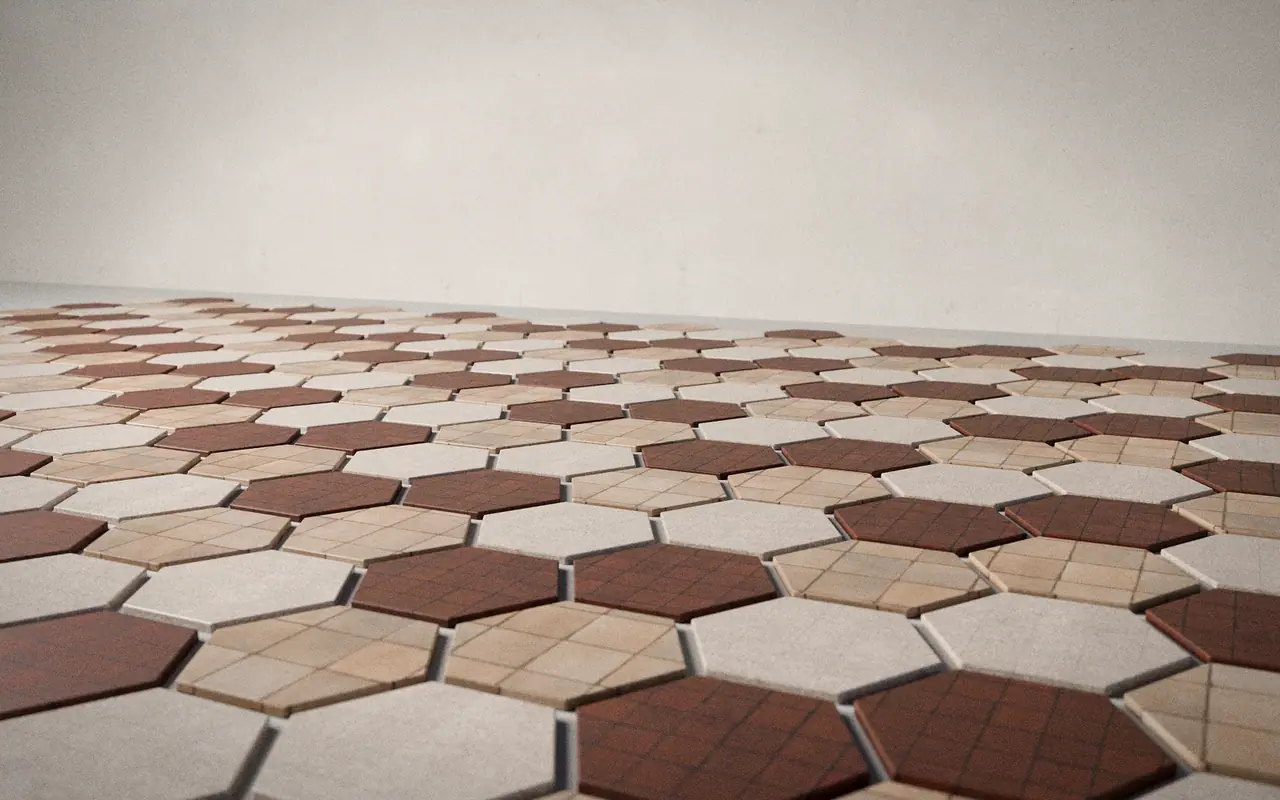 3D render of a hexagon tile floor in mixed colours